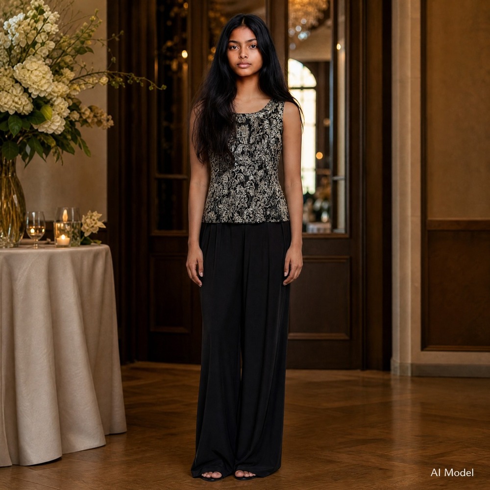 Marina‎ Jumpsuit Women M Black Gold Metallic Paisley Brocade Wide Leg Formal